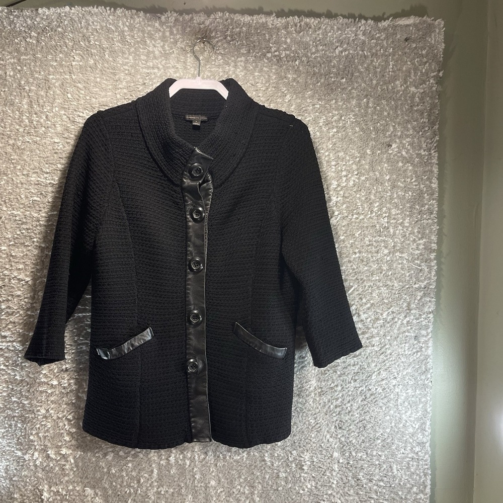 Classiques Entier Atelier Black Merino Wool Leather Trim Tweed Cardigan L Preppy